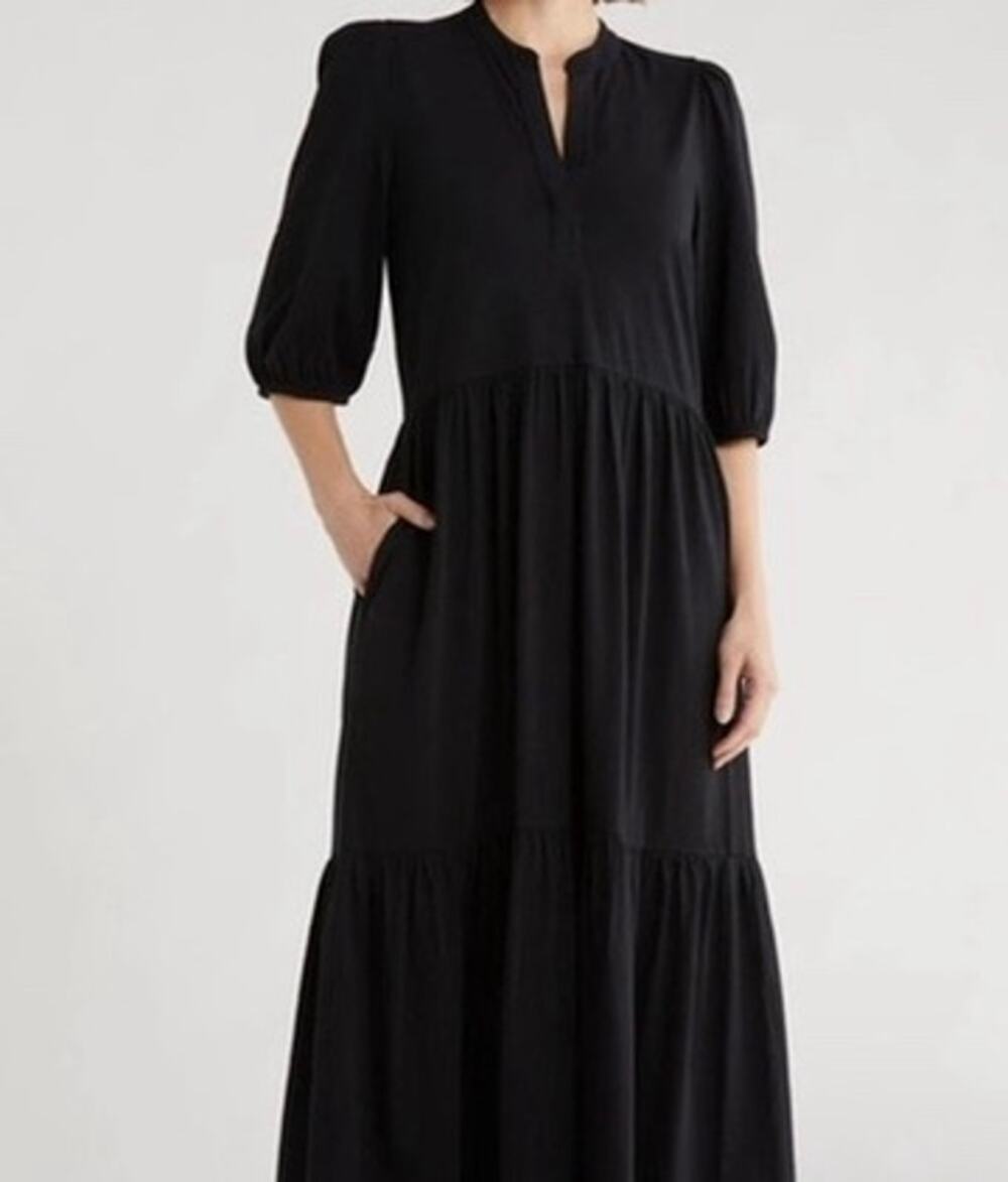 CASLON Nordstrom Maxi Tiered Dress Womens XS Black V-Neck Ballon Sleeve New
